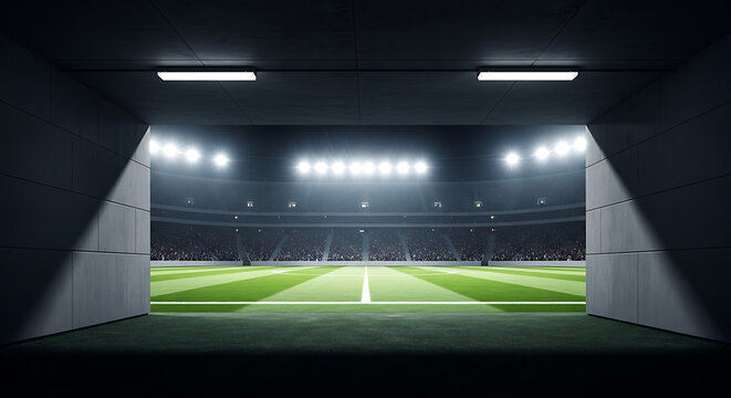 Fototapeta View from a dark tunnel onto an empty football stadium with a green pitch illuminated by bright lights.