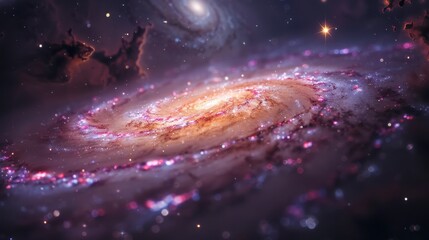 Spiral galaxy with bright core and swirling arms, nebula clouds, and distant galaxies