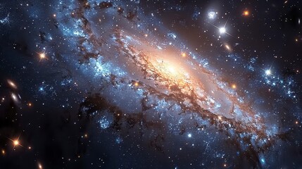 Bright spiral galaxy, illuminated center, dark dust lanes, and bright star clusters