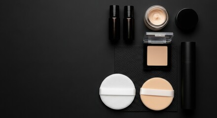 A luxurious collection of beauty products including foundation, powder, cream, and applicators arranged elegantly on a dark surface