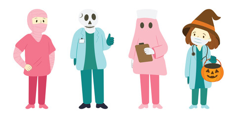 PrintVector set of medical workers collection in Halloween costumes: doctors and nurses dressed as ghost, zombie, mummy, witch Fun design, perfect for healthcare, holiday seasonal designs