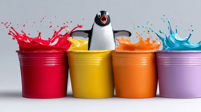 Penguin is standing in a row of colorful buckets. The buckets are arranged in a rainbow pattern, with the penguin in the middle. Concept of playfulness and whimsy