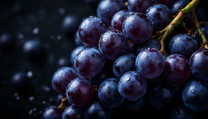 Fototapeta premium Close-up of dewy purple grapes on dark background, moody and cinematic. 