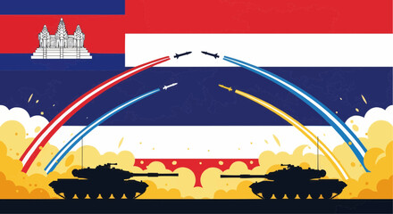 Military display with missiles and tanks against a backdrop of Cambodian and Laotian flags.
