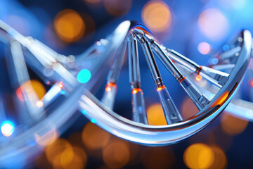 Close up of a dna strand with blue and orange bokeh lights in the background creating a science feel