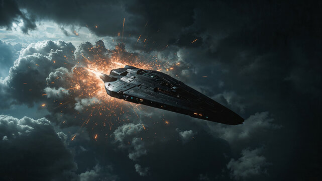 Futuristic spaceship flying through dramatic clouds and explosions