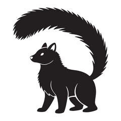 A black and white drawing of a black animal with a black tail Silhouette White Background. 