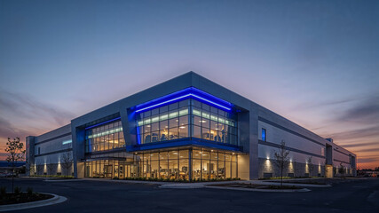Obraz premium Modern office building illuminated at dusk