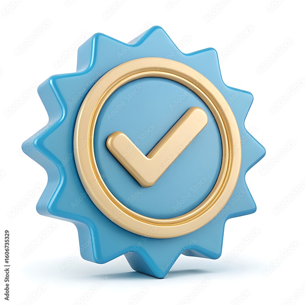 Fototapete a 3d rendered blue starburst badge with a golden circle and a golden checkmark inside signifying app