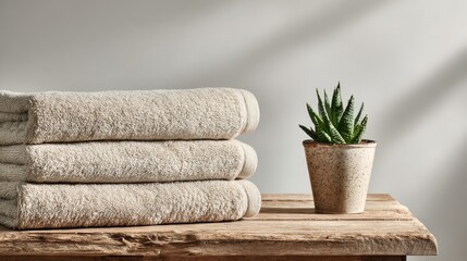 Stacked beige cotton towels on weathered oak table with succulent, Scandinavian minimalist scene for lifestyle branding or wellness blog headers