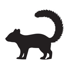 A black and white drawing of a black animal with a black tail Silhouette White Background. 