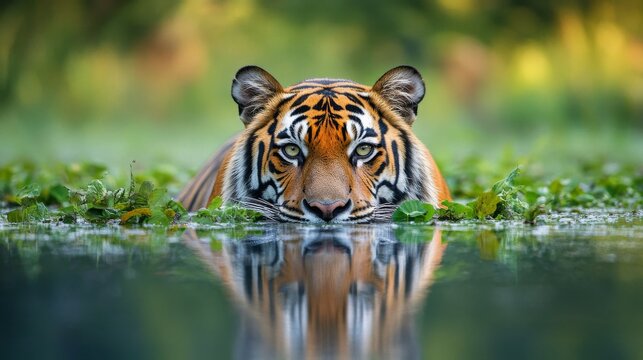 Majestic bengal tiger resting on lush green vegetation in wild jungle habitat of asia



