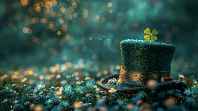 Green hat with clover on a field of white flowers, magical glowing bokeh background - Powered by Adobe