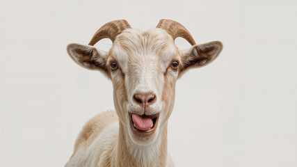 Fototapeta premium Portrait of goat sticking out its tongue on white background