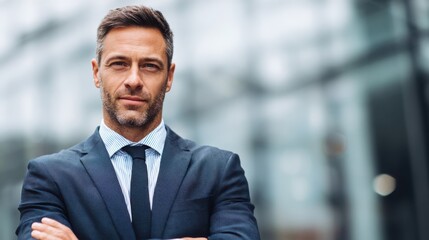 Fototapeta premium Smiling young professional in a suit with arms crossed, standing confidently in front of a modern office building, showing success and ambition.