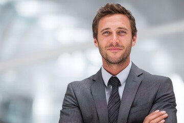 Naklejka premium Smiling young professional in a suit with arms crossed, standing confidently in front of a modern office building, showing success and ambition.
