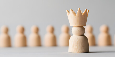 Dominance: A wooden king in focus, towering over blurred wooden figures, symbolizing power and leadership. Leader stands out, emphasizing influence.