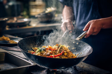 A chef is cooking food in a wok, with steam rising from the pan