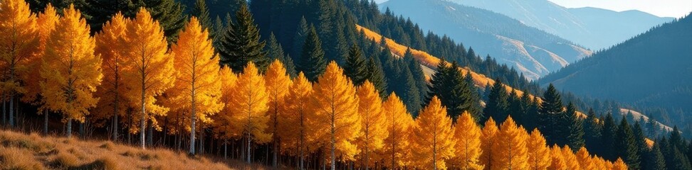 Fiery aspen groves punctuate a hillside of evergreen pines , branches, season