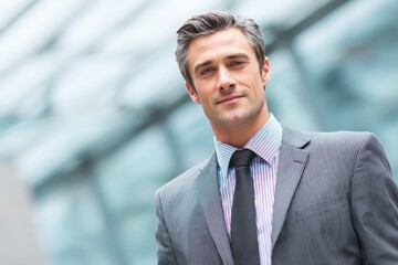 Fototapeta premium Smiling young professional in a suit with arms crossed, standing confidently in front of a modern office building, showing success and ambition.