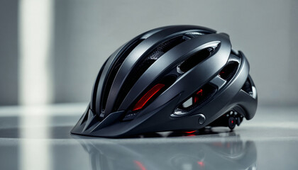 Fototapeta premium Matte anthracite bike helmet with red stripe on reflective surface. 