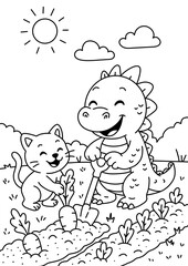 JPEG illustration of a friendly baby dragon digging with a shovel while a smiling kitten helps harvest carrots in a sunny garden. Clean black-and-white line art with thick outlines