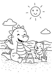 Illustration of a friendly baby dragon and a kitten making a sandcastle on a sunny beach. Clean black-and-white line perfect printable coloring page for children, preschool, kindergarten, homeschool