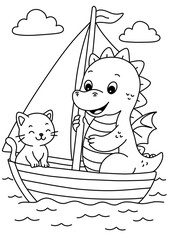Fototapeta premium Cute cartoon-style illustration of a small dragon and a cat sailing on a boat with a sail. Clean outlines and minimal details create an easy-to-color composition, isolated on a plain background.