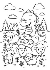 Cute Dragon Herding Sheep – Farm-Themed Coloring Page for Kids

