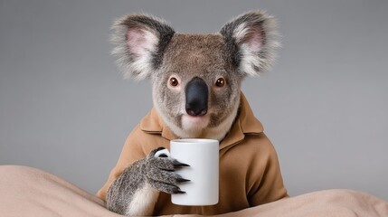 Obraz premium Koala is holding a white coffee mug in its paws. The image has a lighthearted and playful mood, as the koala is dressed in a shirt and he is enjoying a cup of coffee