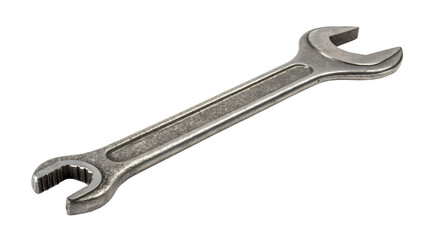 A single metal combination wrench tool with open and box ends isolated on transparent background