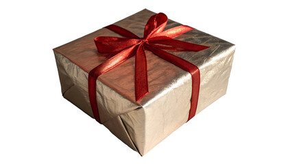 A beautifully wrapped golden gift box with a vibrant red ribbon tied in a bow isolated on transparent background