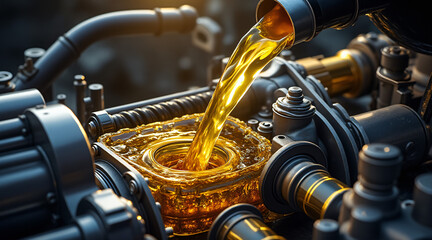 Close-Up View of Engine Oil Being Poured into a Machinery Component in a Workshop