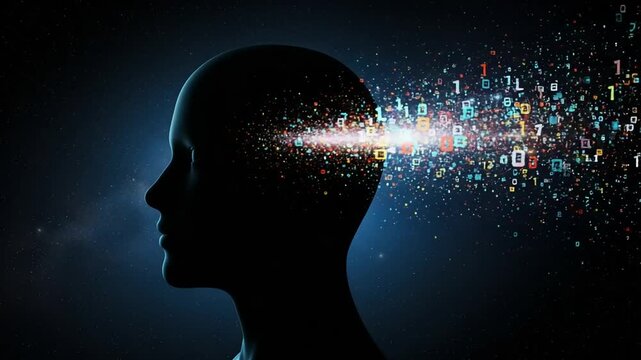 Silhouette of a head with digital data explosion