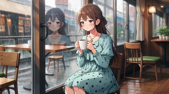 A serene young woman enjoys a quiet moment, savoring a warm beverage while gazing out at a rainy day scene, evokes a sense of tranquility and reflection.