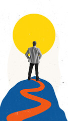 Bold poster of businessman standing on mountain looking at large yellow sun over winding path....