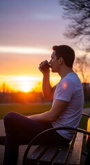 Obraz premium A man sits on a park bench enjoying a drink at sunset.