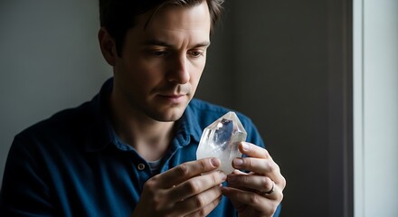 A man closely examines a clear crystal.