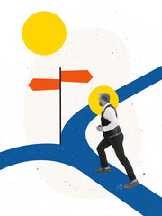 Collage of man at career crossroad with arrows and large yellow sun in background. Concept of...