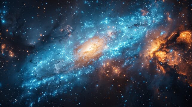 Swirling space nebula with blue and orange hues. Center is brighter with a glowing nucleus - Powered by Adobe