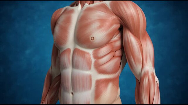 Detailed 3D rendering of the human male muscular system showing the torso and abdominal muscles with a slow zoom