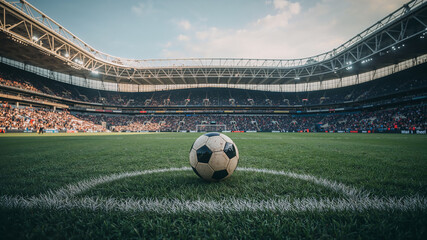 Soccer ball stands on center field spot in crowded stadium