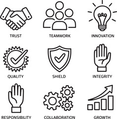 Core Values in Business Icons Teamwork, Trust, Integrity, Innovation, and Quality in Doodle Style