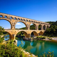 Fototapeta premium Ancient stone bridge over a tranquil river under a vibrant blue sky
