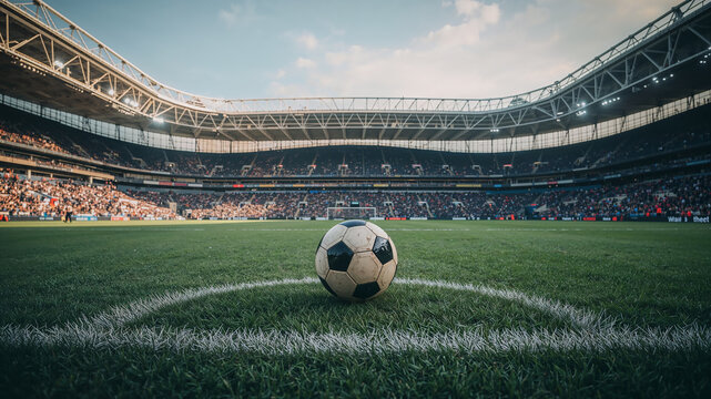 Soccer ball stands on center field spot in crowded stadium - Powered by Adobe
