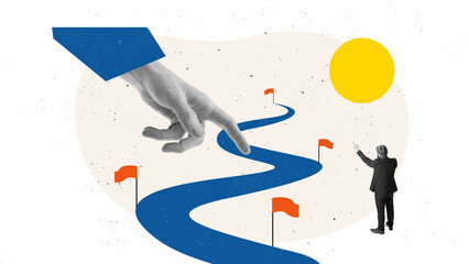Bold composition of giant hand pointing business direction toward rising path. Concept of strategic...