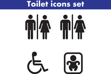Toilet icons set, common male female restroom, handicap wheelchair access, sanitizer liquid soap, WC direction, baby changing table room, toilet signs, WC signs collection