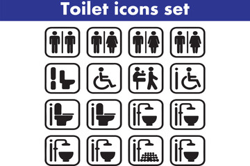 Toilet icons set, common male female restroom, handicap wheelchair access, sanitizer liquid soap, WC direction, baby changing table room, toilet signs, WC signs collection