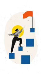 Collage of woman climbing symbolic blocks reaching for red flag. Concept of career achievement,...
