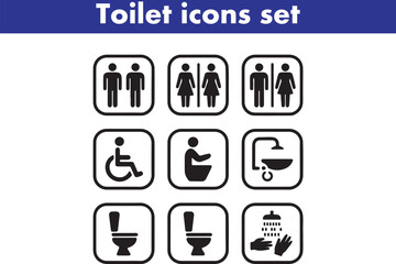 Toilet icons set, common male female restroom, handicap wheelchair access, sanitizer liquid soap, WC direction, baby changing table room, toilet signs, WC signs collection